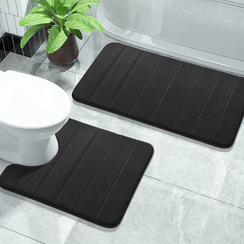 Onlyeasy Memory Foam Bath Mat Set, 2 Pieces 31.5x19.8 + 24x19.8 U-Shaped for Bathroom Rugs+Toilet Mats, Water Absorption, Non Slip,Thick,Dry Fast|Black| - Image 1