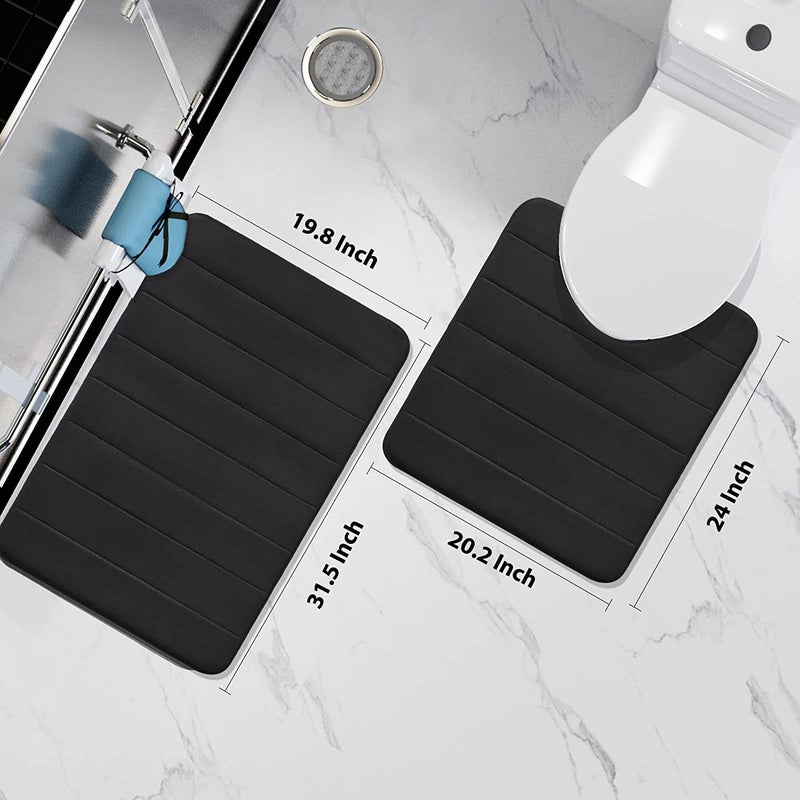 Onlyeasy Memory Foam Bath Mat Set, 2 Pieces 31.5x19.8 + 24x19.8 U-Shaped for Bathroom Rugs+Toilet Mats, Water Absorption, Non Slip,Thick,Dry Fast|Black| - Image 2