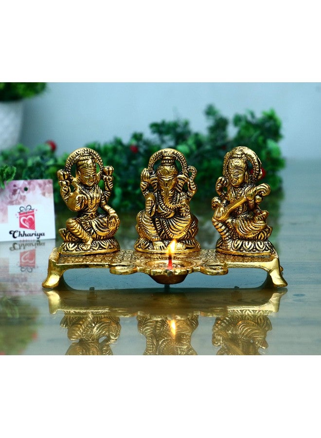 CHHARIYA Crafts Laxmi Ganesh Saraswati with Diya Decorative Showpiece - 19 cm (Metal, Gold) - Image 2