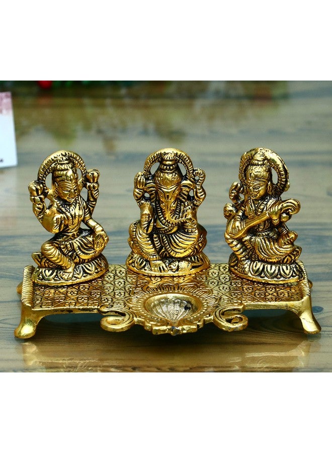 CHHARIYA Crafts Laxmi Ganesh Saraswati with Diya Decorative Showpiece - 19 cm (Metal, Gold) - Image 1