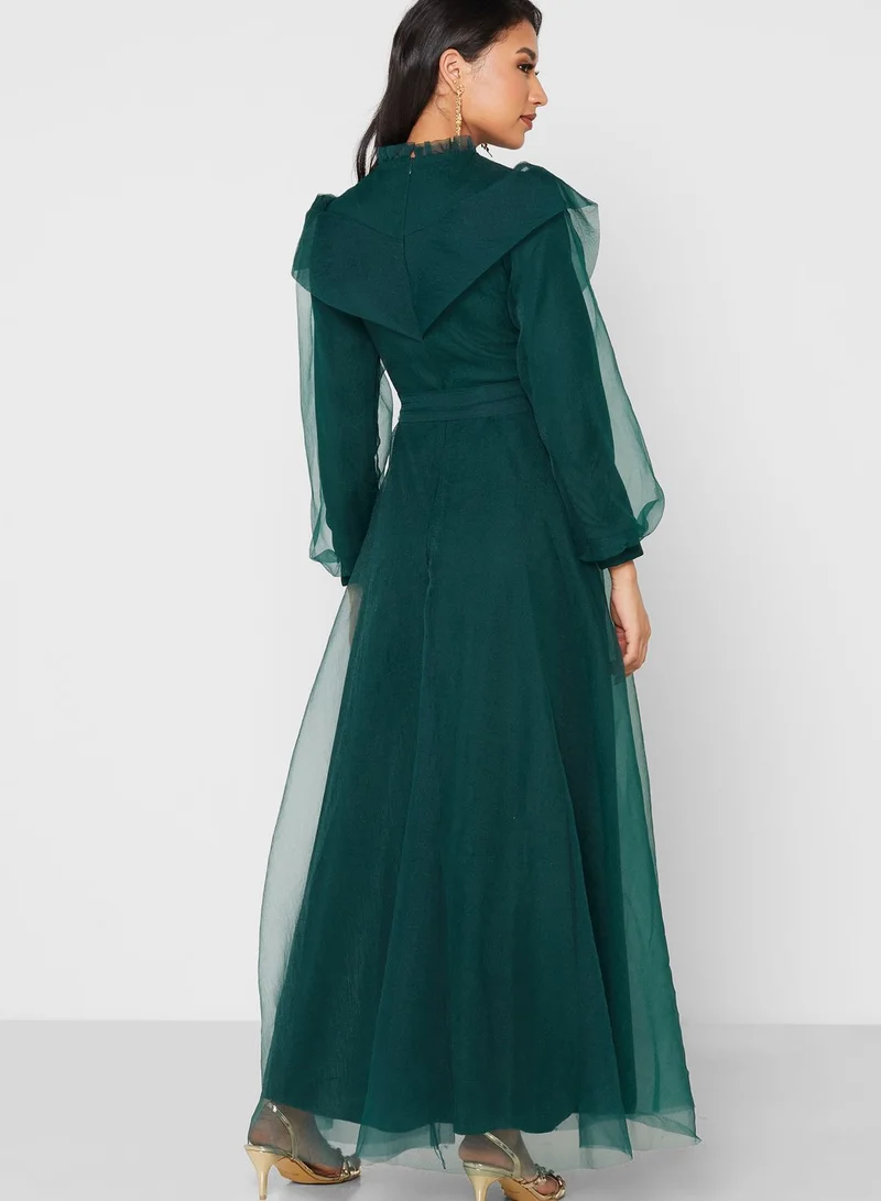 Khizana High Neck Ruched Detail Tulle Dress