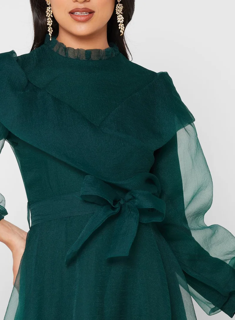 Khizana High Neck Ruched Detail Tulle Dress