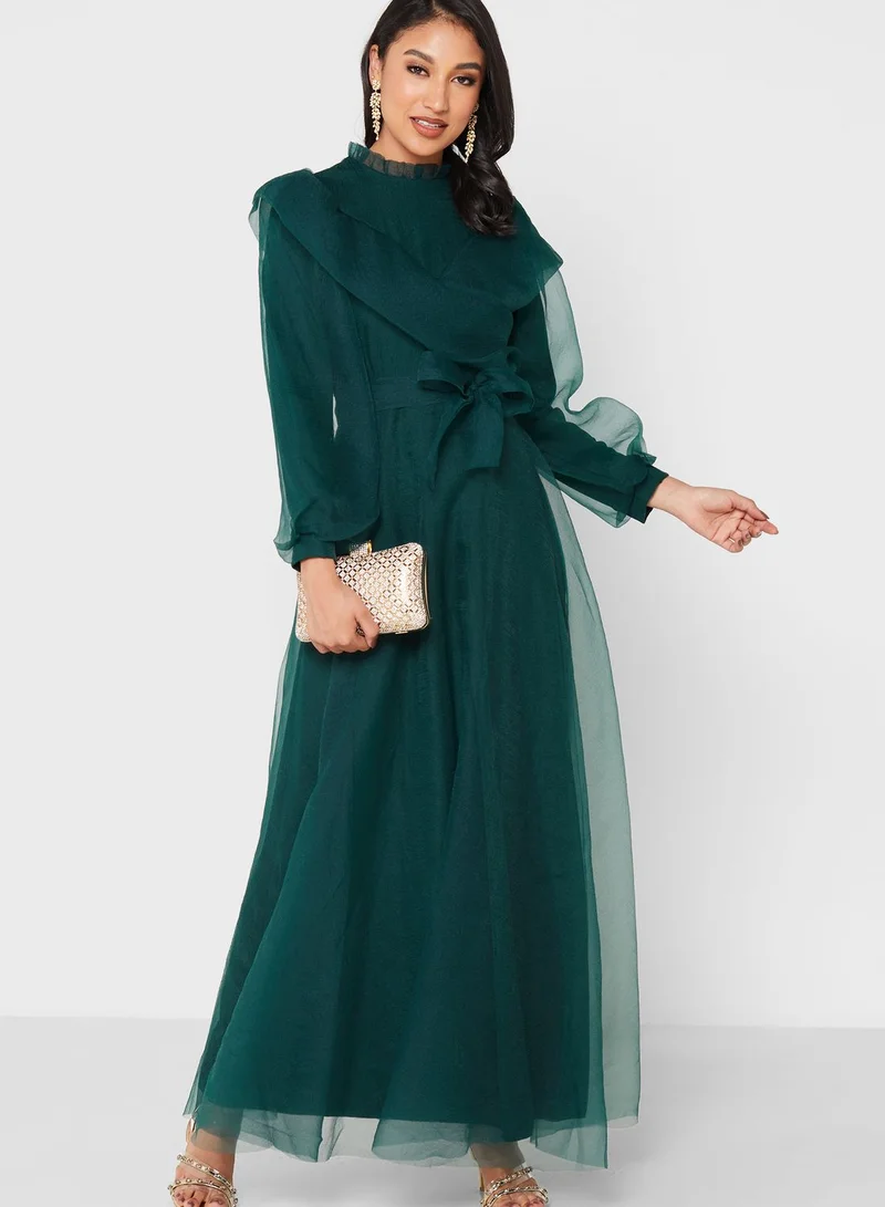 Khizana High Neck Ruched Detail Tulle Dress