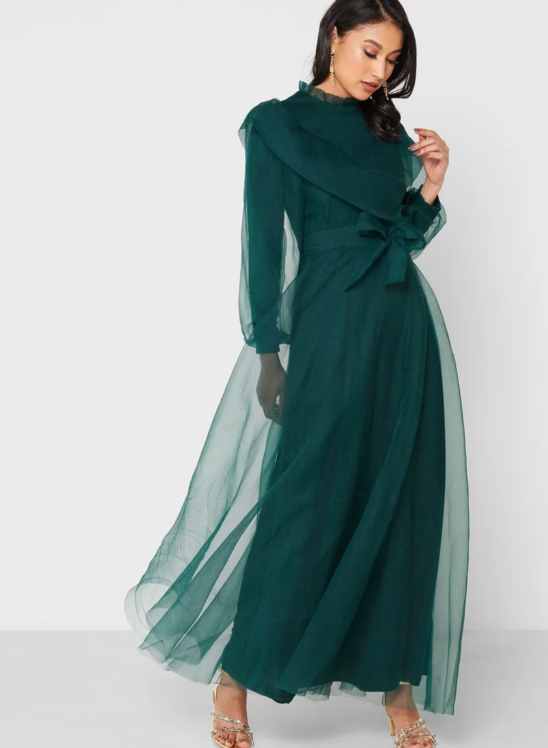Khizana High Neck Ruched Detail Tulle Dress