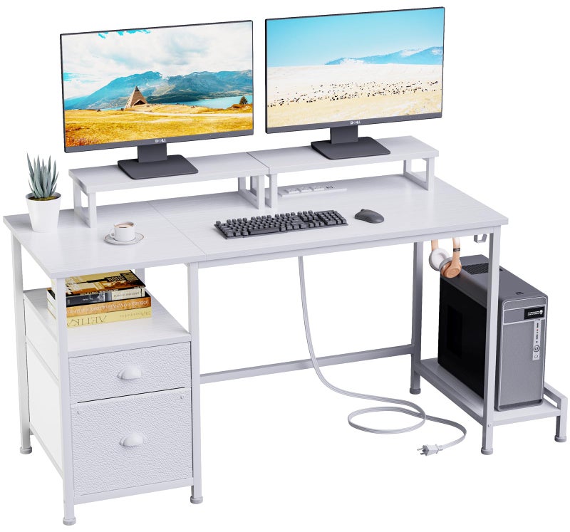 Furologee 47 Computer Desk with File Cabinet and Power Outlets Home Office Desk with 2 Monitor Stands and Storage Drawer Writing Gaming Table with Shelves and 2 Hooks for Bedroom White