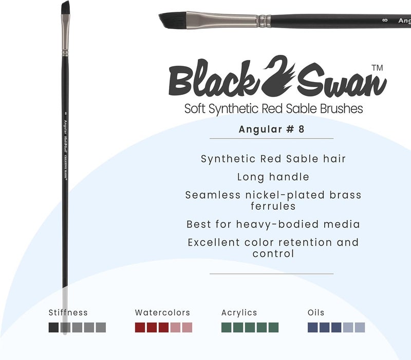 Creative Mark Black Swan Synthetic Red Sable Paint Brushes - Angular Size # 8 - Professional Quality Long Handle Paint Brushes for Oil, Heavy Body Media and Acrylic - Artists of All Levels - Image 1