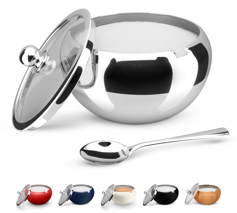 Kook KooK Sugar Bowl with Lid and Spoon Container with Lid for Salt Coffee Holds 2 Cups Dishwasher Safe Stainless Steel 16 Oz 