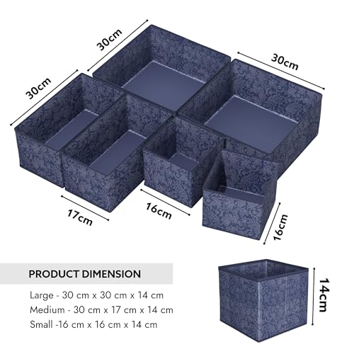RUBOXA 12 Pcs Set Foldable Non Woven Cloth Organizer for Storage | Wardrobe Organizer for Storage | Dress Box Shelf Organiser for Wardrobe | Cupboard Organizer for Clothes | Flower Print - Navy Blue - Image 3