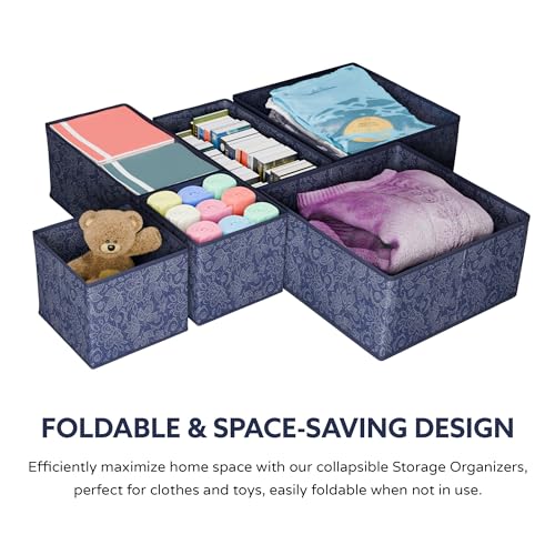 RUBOXA 12 Pcs Set Foldable Non Woven Cloth Organizer for Storage | Wardrobe Organizer for Storage | Dress Box Shelf Organiser for Wardrobe | Cupboard Organizer for Clothes | Flower Print - Navy Blue - Image 2