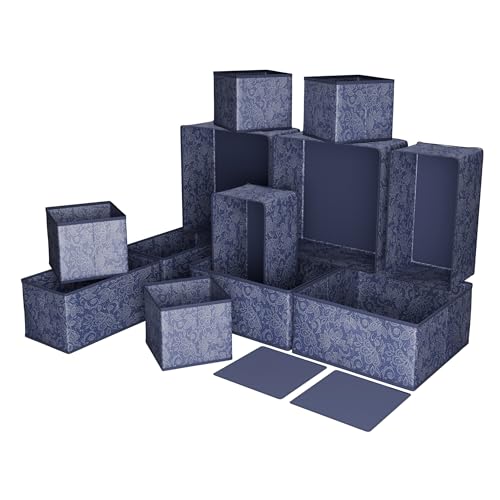 RUBOXA 12 Pcs Set Foldable Non Woven Cloth Organizer for Storage | Wardrobe Organizer for Storage | Dress Box Shelf Organiser for Wardrobe | Cupboard Organizer for Clothes | Flower Print - Navy Blue - Image 1