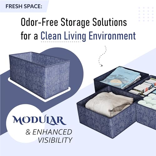 RUBOXA 12 Pcs Set Foldable Non Woven Cloth Organizer for Storage | Wardrobe Organizer for Storage | Dress Box Shelf Organiser for Wardrobe | Cupboard Organizer for Clothes | Flower Print - Navy Blue - Image 5