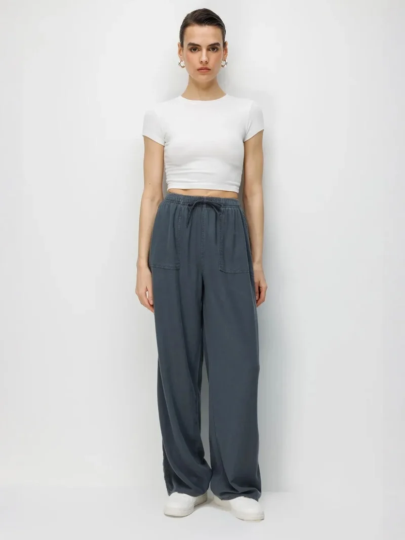 ميكسراي MIXRAY Mid Waist Straight Leg Cotton Pants with Tie Closure