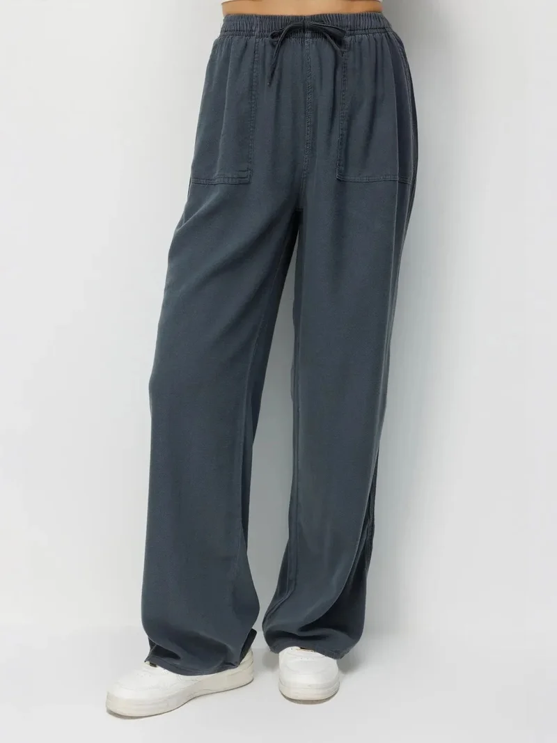 ميكسراي MIXRAY Mid Waist Straight Leg Cotton Pants with Tie Closure