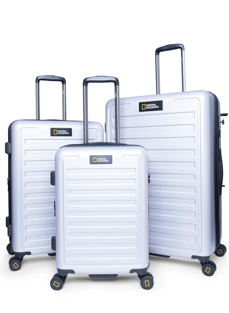 NATIONAL GEOGRAPHIC National Geographic Cruise 100% PC Hardshell Suitcase Set Silver, Durable Lightweight  TSA Combination Lock Travel Luggage, 4 Quite Spinner Wheel, 3pcs Trolley Bag (20+24+28 Inch)