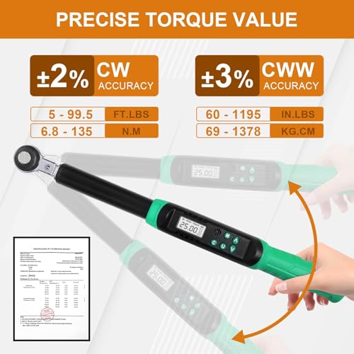 Marsram مفتاح عزم الدوران الرقمي القابل للتعديل Marsram 5-99.6 قدم.رطل/6.8-135 نيوتن.م، مفتاح عزم الدوران الإلكتروني القابل للتبادل مع رأس رافعة 3/8" وجهاز إنذار وLED، لإصلاح السيارات والمركبات في HVAC - Image 5