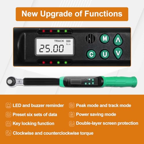 Marsram مفتاح عزم الدوران الرقمي القابل للتعديل Marsram 5-99.6 قدم.رطل/6.8-135 نيوتن.م، مفتاح عزم الدوران الإلكتروني القابل للتبادل مع رأس رافعة 3/8" وجهاز إنذار وLED، لإصلاح السيارات والمركبات في HVAC - Image 3