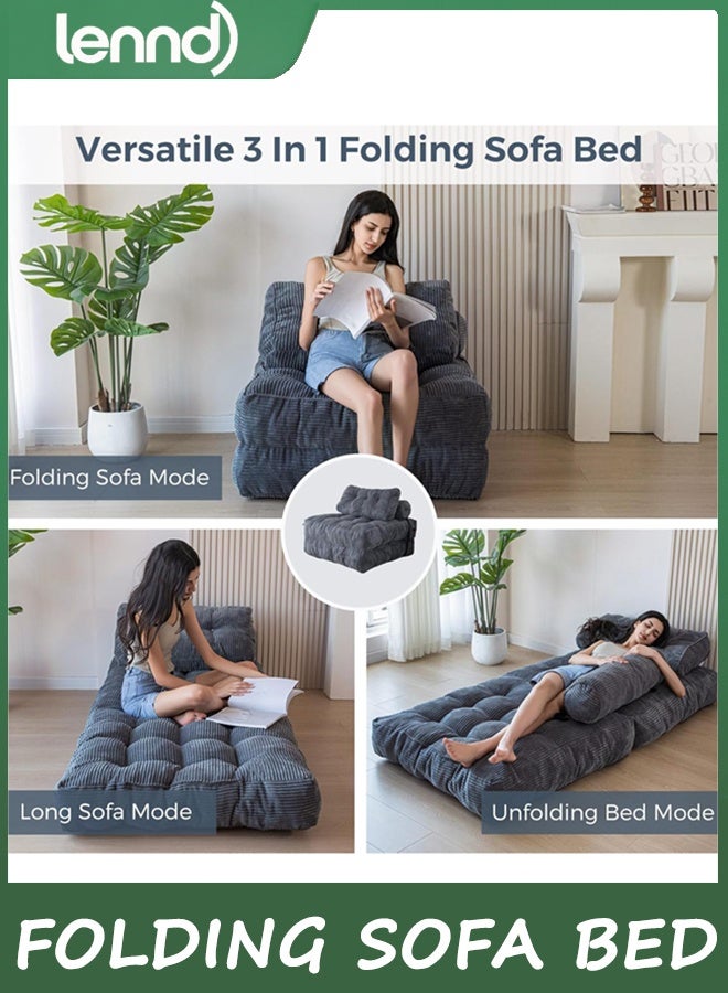 LENND Folding Sofa Bed, Convertible Sleeper Chair with Pillow Foldable Mattress with Back Support, Portable Fold Out Chair Bed Comfy Floor Sofa Lounge for Living Room Bedroom, Dark Grey, Single - Image 3