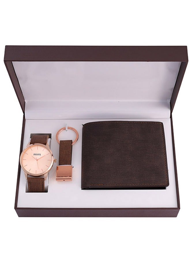 ANDIAMO Men's Analog Rose Gold Case Beige Dial Brown Leather Strap, Leather Wallet, Key Chain 