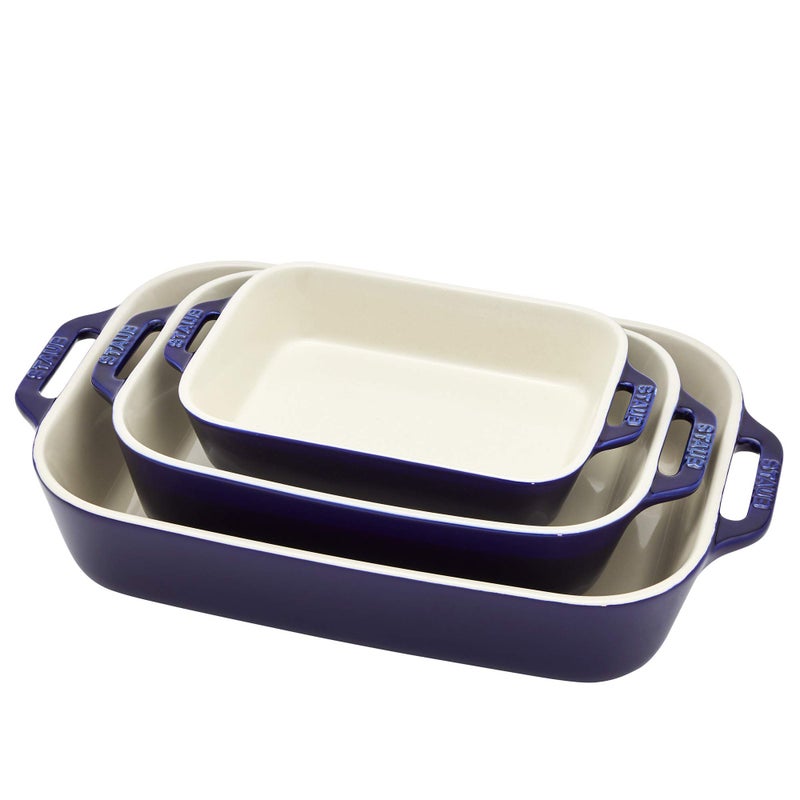 STAUB Ceramic 3-pc Rectangular Baking Dish Set, Dark Blue - Image 1