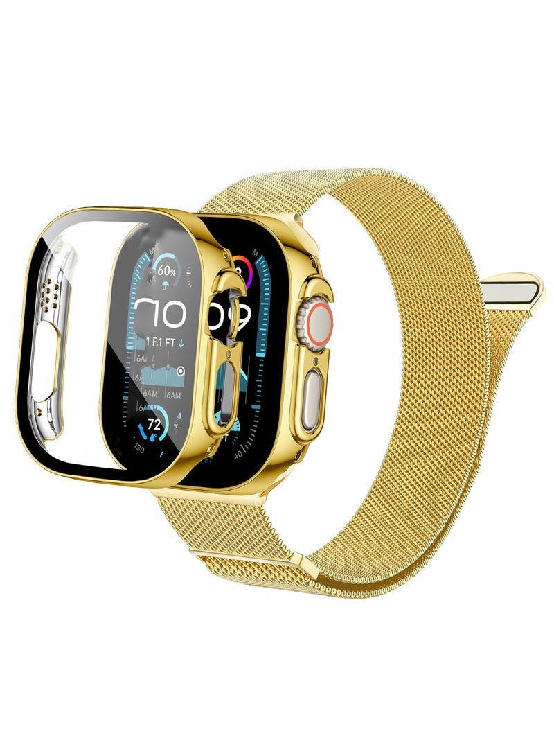 Case and watch band Set for Apple Watch Ultra/Ultra 2, 49mm, stainless steel mesh metal iWatch strap with Tempered Glass Screen Protector, Golden - Image 1