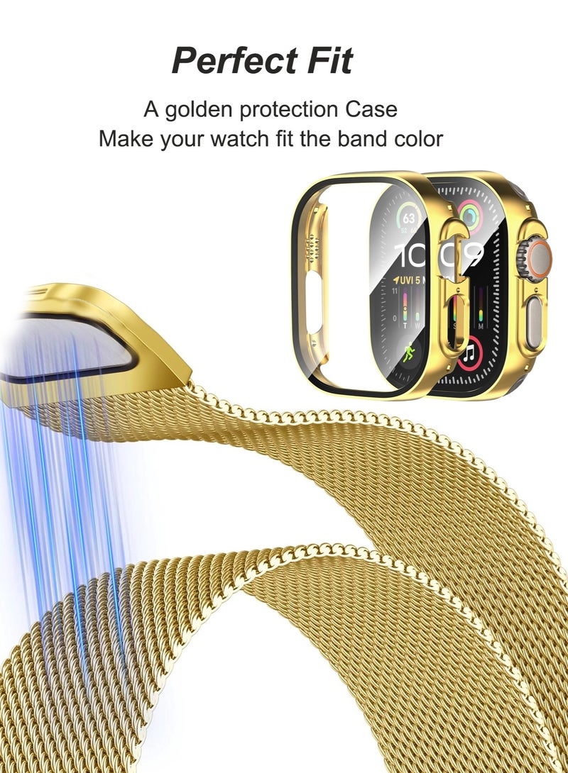 Case and watch band Set for Apple Watch Ultra/Ultra 2, 49mm, stainless steel mesh metal iWatch strap with Tempered Glass Screen Protector, Golden - Image 2