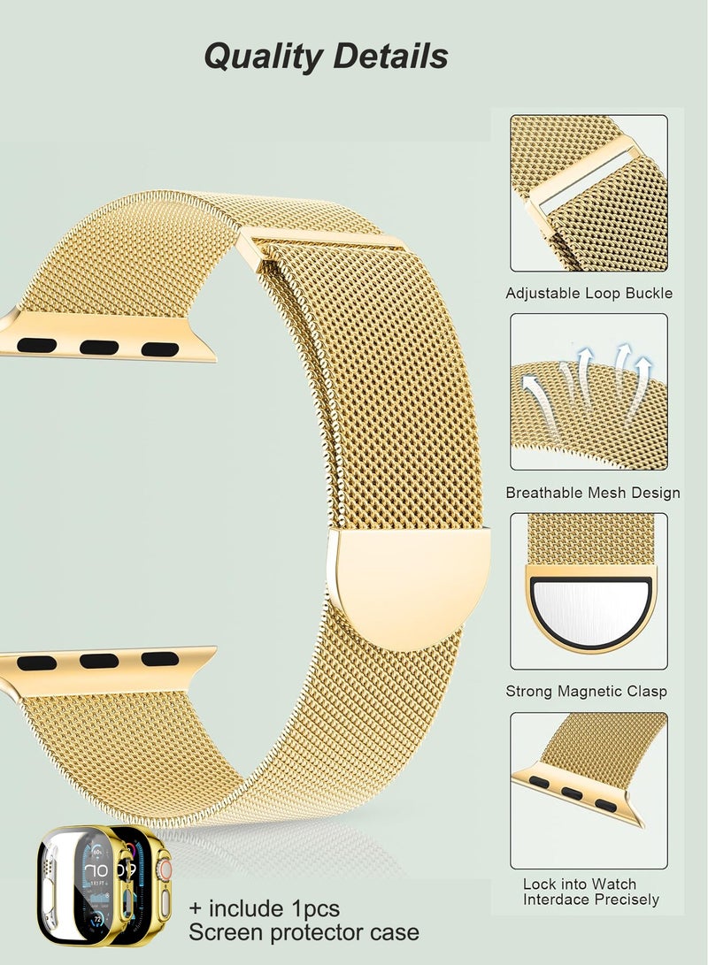 Case and watch band Set for Apple Watch Ultra/Ultra 2, 49mm, stainless steel mesh metal iWatch strap with Tempered Glass Screen Protector, Golden - Image 3