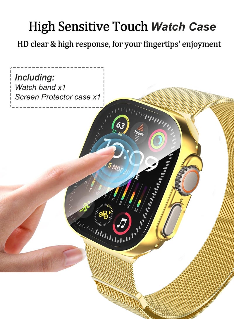 Case and watch band Set for Apple Watch Ultra/Ultra 2, 49mm, stainless steel mesh metal iWatch strap with Tempered Glass Screen Protector, Golden - Image 4