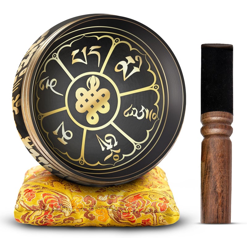HIMALAYAN BAZAAR Tibetan Singing Bowl Set Bronze - Master Healing Grade - With Tibetan Thangka Art - Pure Tone By HIMALAYAN BAZAAR (Black & Yellow) - Image 2