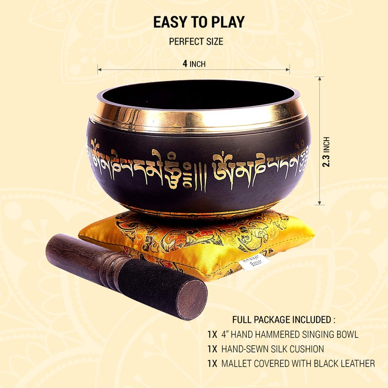 HIMALAYAN BAZAAR Tibetan Singing Bowl Set Bronze - Master Healing Grade - With Tibetan Thangka Art - Pure Tone By HIMALAYAN BAZAAR (Black & Yellow) - Image 4