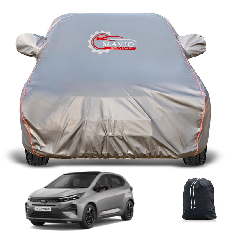 Slamio Heavy-Duty Car Body Cover for Tata Altroz Racer (2024-2025) | Waterproof, Dustproof, UV Protection, Custom Fit, Heavy Belt & Buckle with Mirror & Antenna Pocket | Dark Grey - Image 1