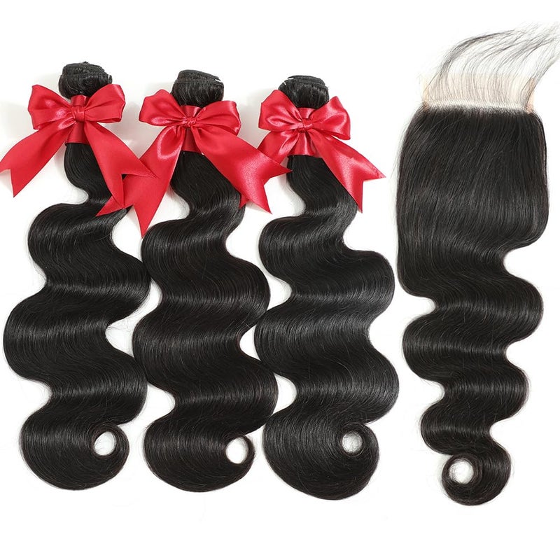 YIBUSI 12A Human Hair Bundles with Closure 16 18 20 with 14 Inch Brazilian Body Wave 3 Bundles Human Hair with 4x4 HD Lace Closure 100% Unprocessed Virgin Human Hair Weave - Image 4