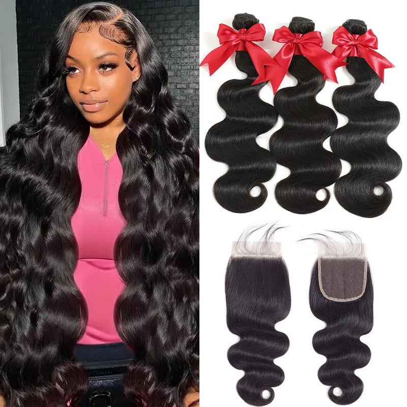 YIBUSI 12A Human Hair Bundles with Closure 16 18 20 with 14 Inch Brazilian Body Wave 3 Bundles Human Hair with 4x4 HD Lace Closure 100% Unprocessed Virgin Human Hair Weave - Image 1