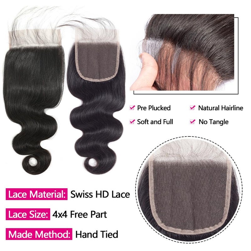 YIBUSI 12A Human Hair Bundles with Closure 16 18 20 with 14 Inch Brazilian Body Wave 3 Bundles Human Hair with 4x4 HD Lace Closure 100% Unprocessed Virgin Human Hair Weave - Image 3