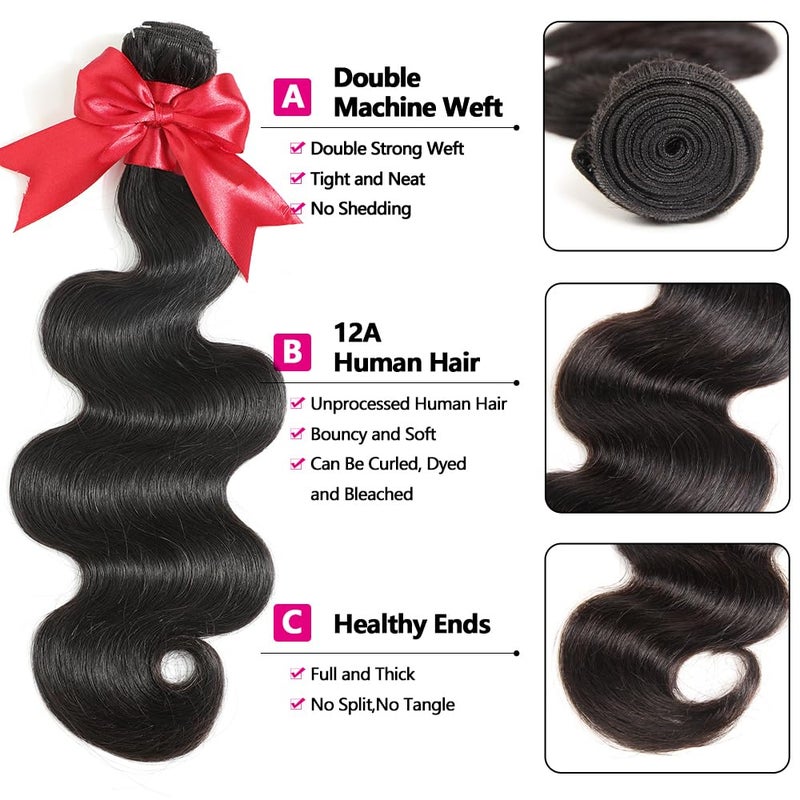 YIBUSI 12A Human Hair Bundles with Closure 16 18 20 with 14 Inch Brazilian Body Wave 3 Bundles Human Hair with 4x4 HD Lace Closure 100% Unprocessed Virgin Human Hair Weave - Image 2