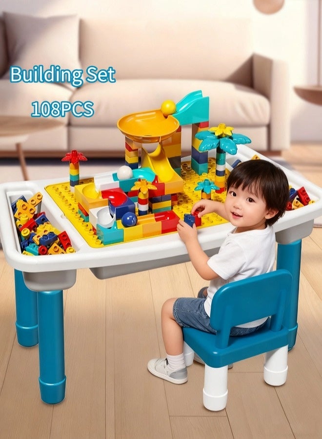 جني ثروة طاولة بناء للأطفال، قابلة للتحويل إلى طاولة تعليمية للأطفال ومجموعة كراسي، طاولة لعب متعددة الوظائف 5 في 1 مع مساحة تخزين، تتضمن كرسيًا واحدًا و 108 قطعة بناء كبيرة متوافقة، مناسبة للأطفال من عمر سنتين فما فوق. - Image 1