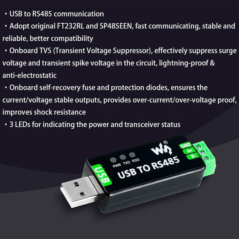 Waveshare USB to RS485 Converter Industrial Adapter Original FT232RL and SP485EEN Fast Communication Embedded Protection Circuits Resettable Fuse ESD Protection - Image 2