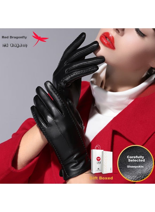 RED DRAGONFLY Hongqingting Genuine Leather Gloves For Women, Winter Fleece-lined Top-grain Sheepskin, Warm Touchscreen Compatible, For Driving, Cycling, Outdoor Riding, Water-repellent, Windproof, Motorcycle Riding, Thickened Cold-resistant Cotton Gloves, Size L - Image 1