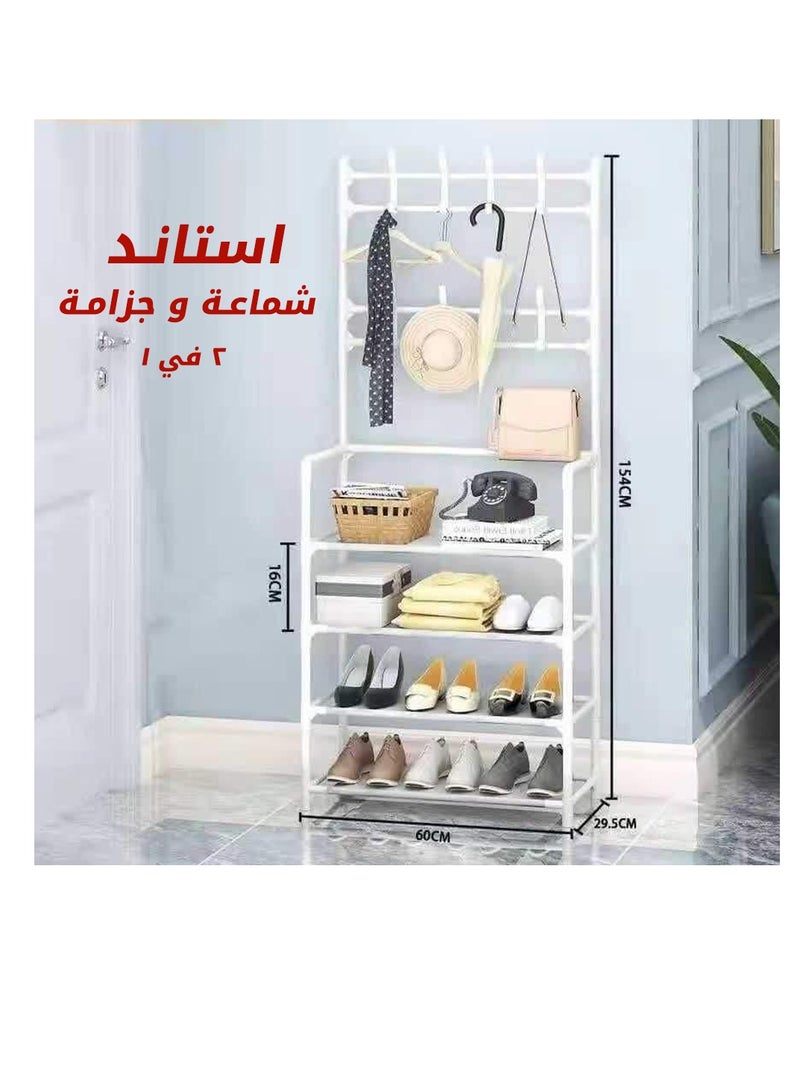 إيباسكت استاند شماعة ومنظم أحذية معدني قوي من الفولاذ المقاوم للصدأ 4 ارفف حامل قوي و8 خطاف مقاس 71x80 سم(ابيض)