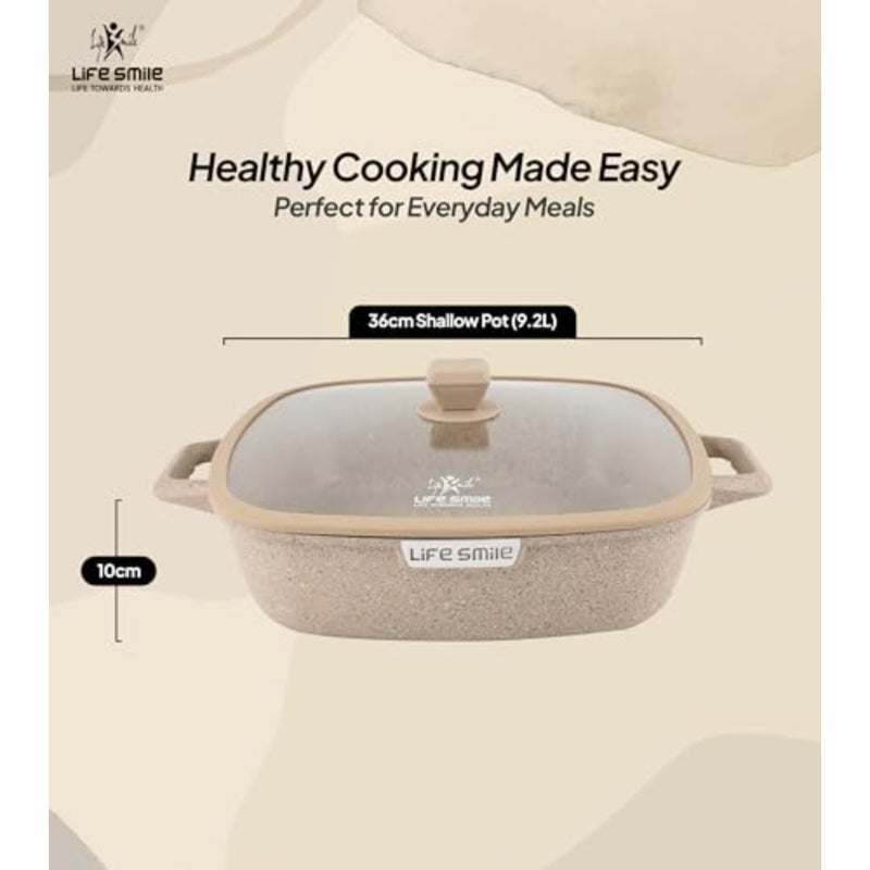Square Shallow Casserole Pan 36cm with Lid, Granite Non Stick Cooking Pot - Image 3