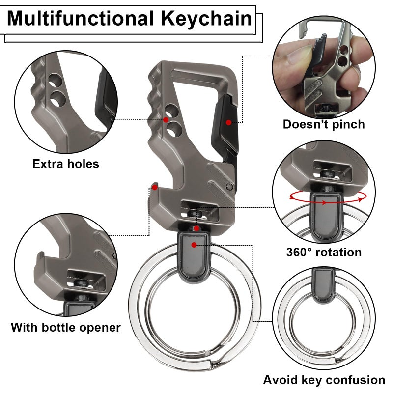 ecocstm 2 PCS Key Chain, Carabiner Clip Car Key Chains, Heavy Duty Tactical Key Chain with Bottle Opener and 2 Key Rings for Men and Women (Black and Silve) - Image 3