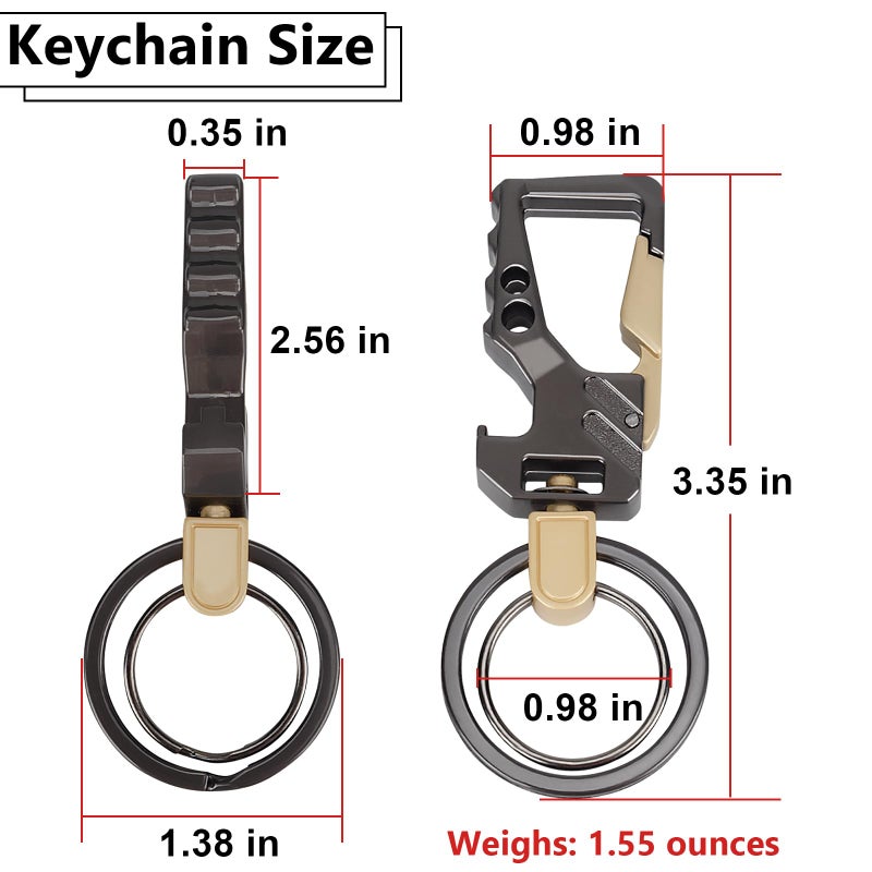 ecocstm 2 PCS Key Chain, Carabiner Clip Car Key Chains, Heavy Duty Tactical Key Chain with Bottle Opener and 2 Key Rings for Men and Women (Black and Silve) - Image 2
