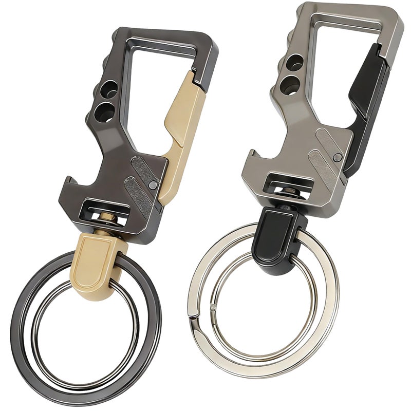 ecocstm 2 PCS Key Chain, Carabiner Clip Car Key Chains, Heavy Duty Tactical Key Chain with Bottle Opener and 2 Key Rings for Men and Women (Black and Silve) - Image 1