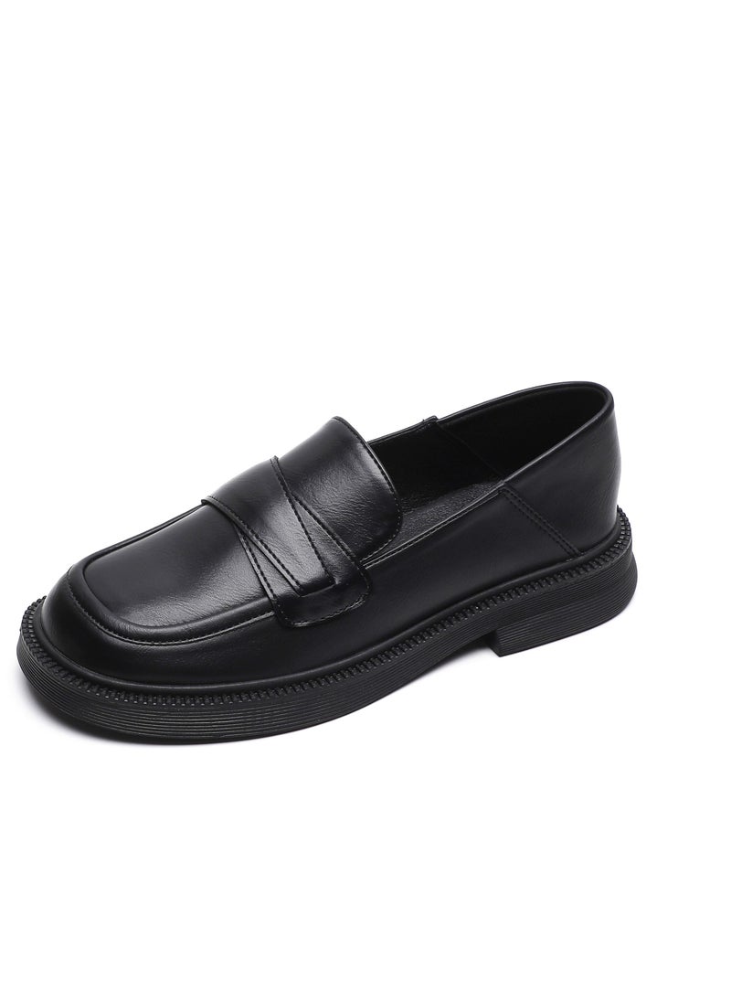 Loquat Round Head Preppy Shoes With Thick Soft Soles Black  - Image 1