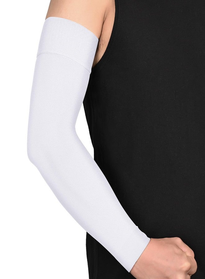 MGANG Lymphedema Medical Compression Arm Sleeve 15-20 mmHg, Full Arm Support with Silicone Band, Relieve Swelling Edema Post Surgery Recovery for Women Men, Daily Wear & Work, White L - Image 1