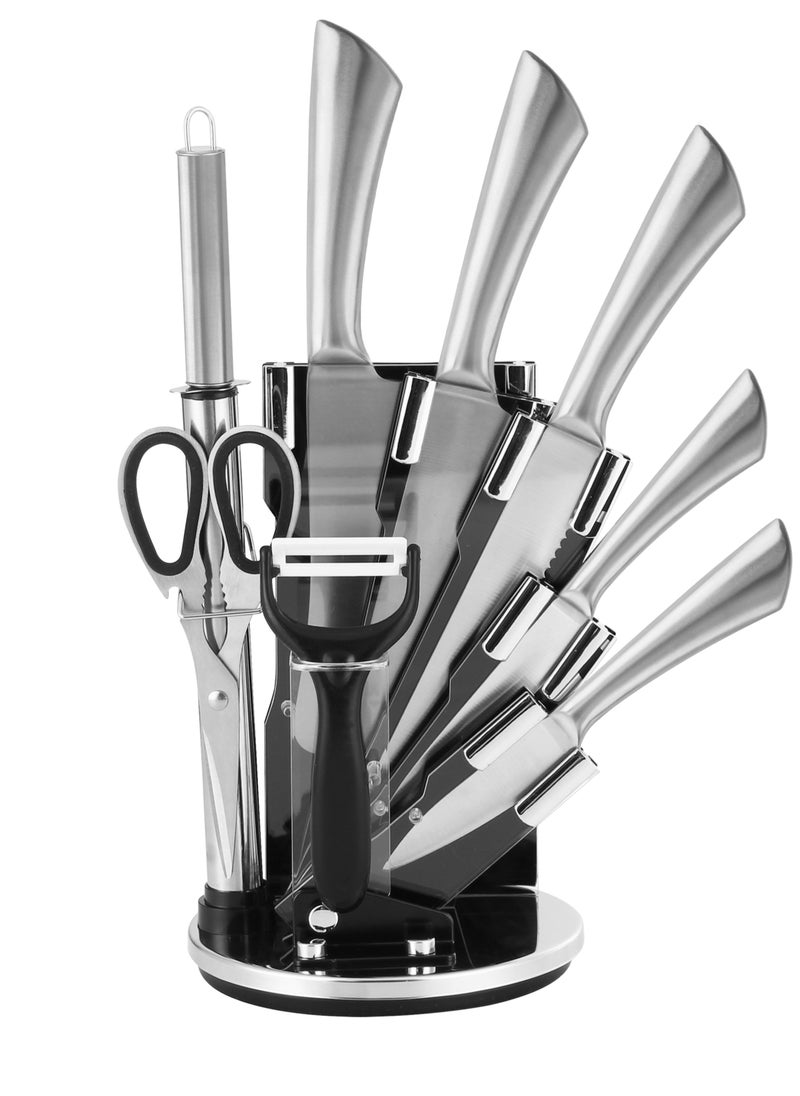 HausRoland 9 Pieces Kitchen Knife Set with Spinning Block, High Carbon Stainless Steel Blades, Knives For Steak, Bread, Vegetables and more, Includes Knife Sharpener  - Image 1