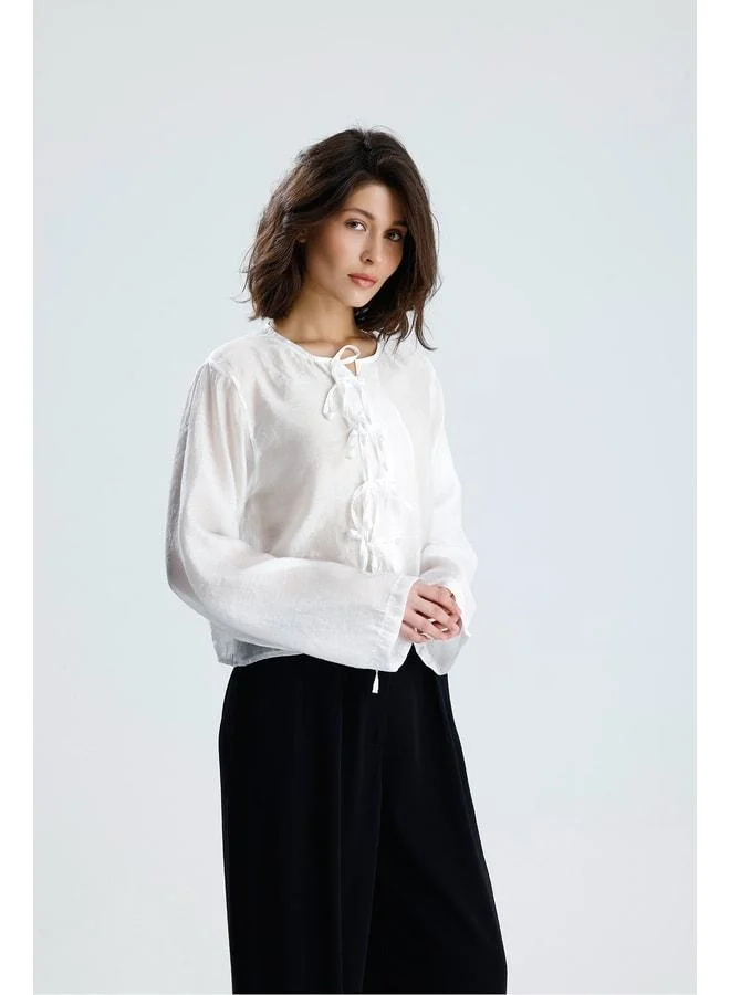 mina aise Women's White Tencel Fabric Blouse with Tie Detail and Buttons 31043.