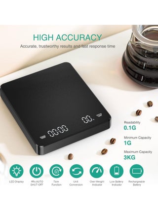 Smart Coffee Scale with Timer,3kg/0.1g High Precision Food Scale,Kitchen Scale Pour Over V60 Drip Coffee with Type-C,LED Digital Scale For Cooking,with a Silicone Non-slip Pad,Black - view 3