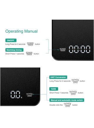 Smart Coffee Scale with Timer,3kg/0.1g High Precision Food Scale,Kitchen Scale Pour Over V60 Drip Coffee with Type-C,LED Digital Scale For Cooking,with a Silicone Non-slip Pad,Black - view 5