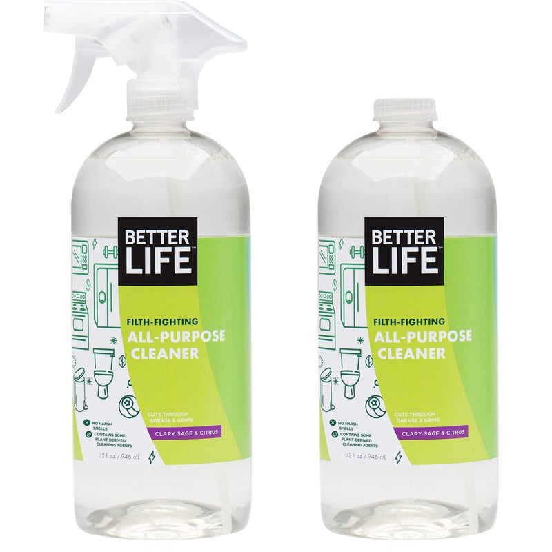 Better Life منظف حياة أفضل لجميع الأغراض - رذاذ تنظيف متعدد الأغراض للمنزل والمطبخ للزجاج، الأسطح، الأجهزة، الأثاث والمزيد - منظف رذاذ متعدد الأسطح - 32 أونصة (عبوة من 2) كلاري ساج/حمضيات - Image 1