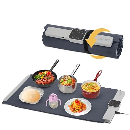 Docoss Electric Food Warmer,Silicone Full Surface Heating Mat for Food –5 Temperature Settings,250W Foldable Smart Warming Tray for Food at Party, Travel(Grey) - Image 1